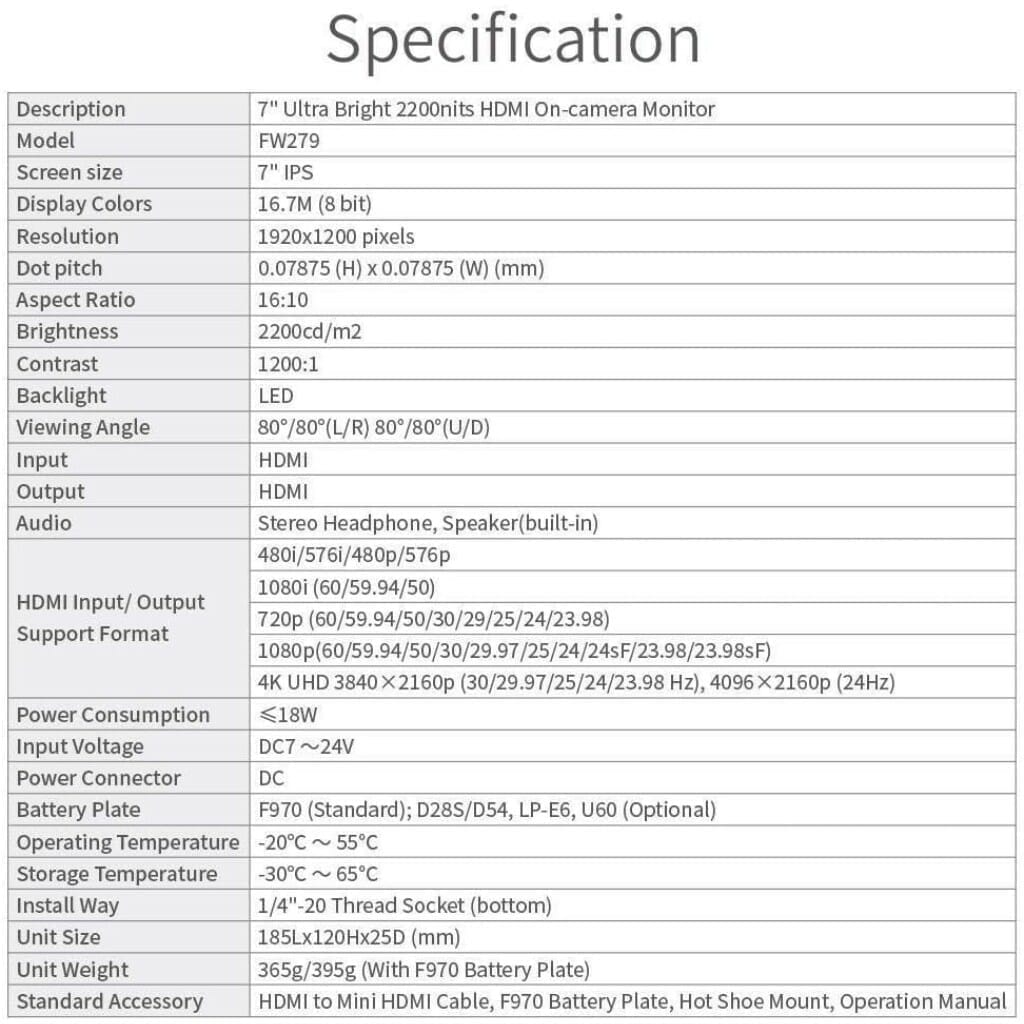 FEELWORLD FW279 7 Inch 2200nit Ultra Bright DSLR Camera Field Monitor - Image 6